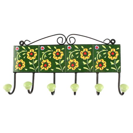 Forest Green Tiny Flower Ceramic Tile Hook